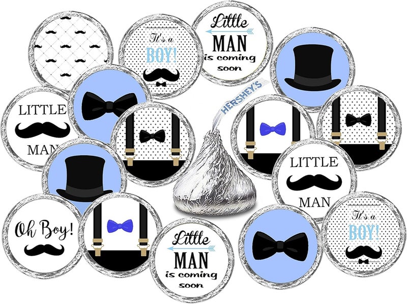 RokAPary 324 Little Man Kisses Labels for Baby Shower Or Baby Sprinkle Party Or Birthday Event Blue Stickers Mustache Wrappers Decorations Favors Its a Boy Made in USA - Image 1