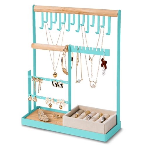 DreamGenius Jewelry Organizer Stand with Velvet Ring Holder, 4 Tier Jewelry Holder Organizer with 15 Hooks for Necklaces and 16 Holes for Earrings, Blue - Image 1