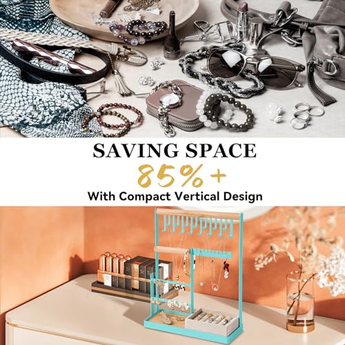 DreamGenius Jewelry Organizer Stand with Velvet Ring Holder, 4 Tier Jewelry Holder Organizer with 15 Hooks for Necklaces and 16 Holes for Earrings, Blue - Image 2