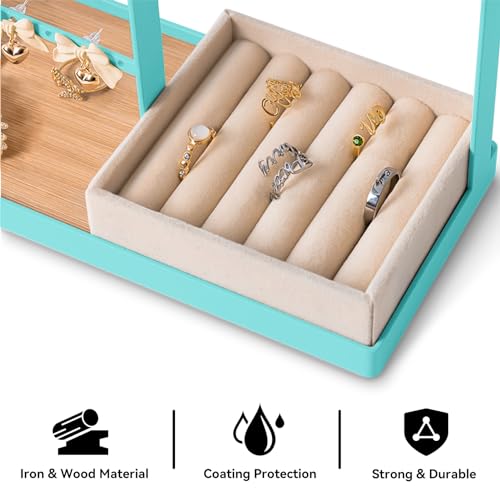 DreamGenius Jewelry Organizer Stand with Velvet Ring Holder, 4 Tier Jewelry Holder Organizer with 15 Hooks for Necklaces and 16 Holes for Earrings, Blue - Image 4