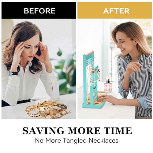 DreamGenius Jewelry Organizer Stand with Velvet Ring Holder, 4 Tier Jewelry Holder Organizer with 15 Hooks for Necklaces and 16 Holes for Earrings, Blue - Image 3
