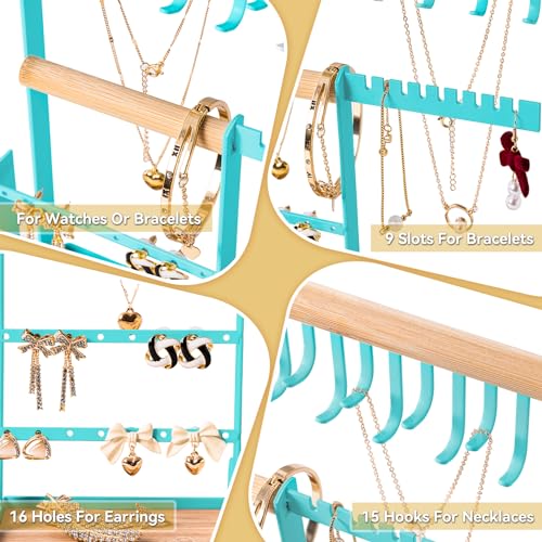 DreamGenius Jewelry Organizer Stand with Velvet Ring Holder, 4 Tier Jewelry Holder Organizer with 15 Hooks for Necklaces and 16 Holes for Earrings, Blue - Image 5