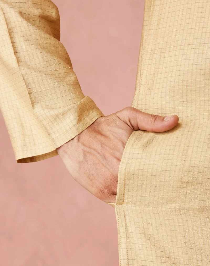 Fabindia Beige Viscose Blend Checks Long Kurta