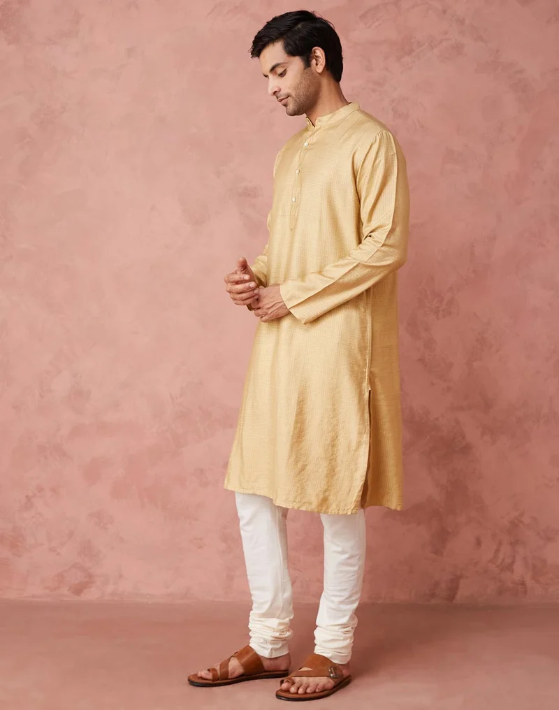 Fabindia Beige Viscose Blend Checks Long Kurta