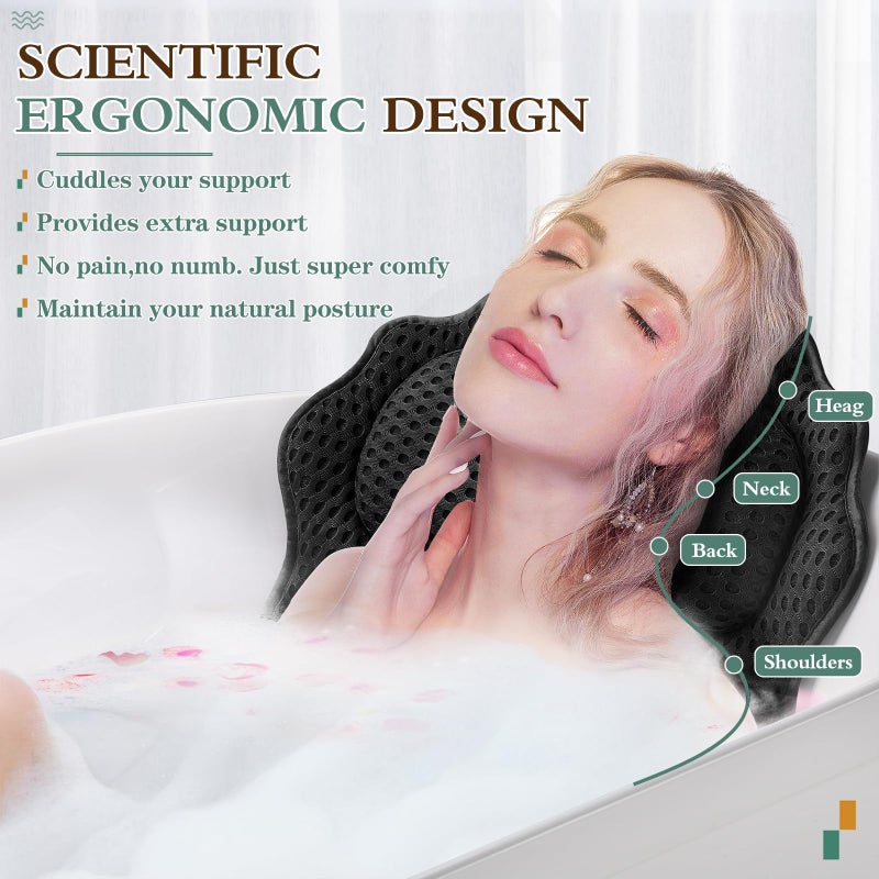 RUVINCE Bath Pillow RUVINCE Ergonomic Luxury Bathtub Pillow with Head,Neck, Shoulder and Back Support, 4D Bath Pillows for tub with 6 Powerful Suction Cups, Fits All Bathtub, Spa Tub, Hot Jacuzzi (Black) - Image 2