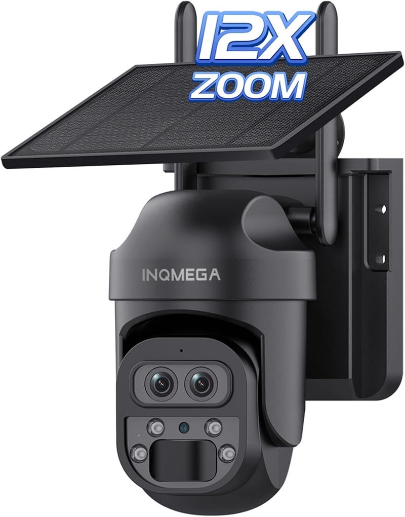 INQMEGA كاميرا مراقبة شمسية للاستخدام الخارجي، كاميرا أمنية لاسلكية بزاوية عرض مزدوجة 3K/6MP، تقريب بصري 12×، كشف حركة بشري بتقنية PIR، رؤية ليلية بالألوان، ضوء كاشف وصفارة إنذار، تخزين سحابي وميكرو SD، تحكم عبر التطبيق - Image 1