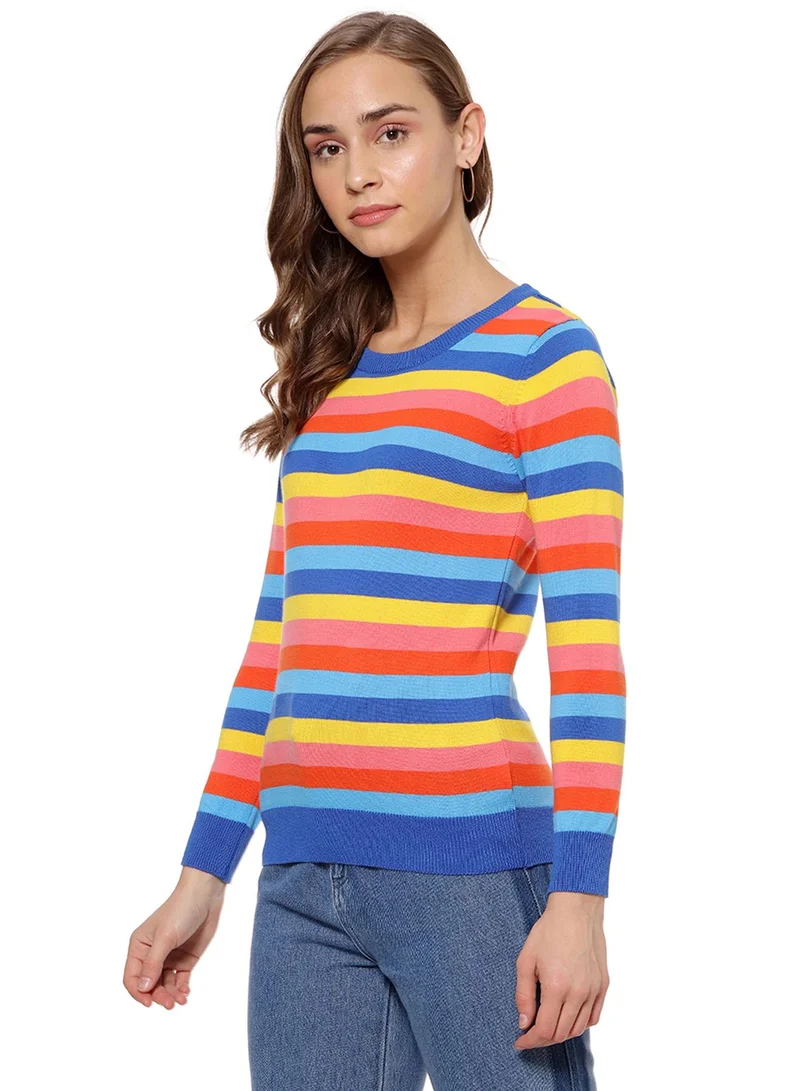 Campus Sutra Women's Banana Yellow & Safety Orange Horizontal-Striped Knit Pullover Sweater