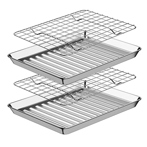 ROTTAY Small Baking Sheet Pan with Wire Rack Set 2 Pans 2 Racks 18 Stainless Steel Cookie Sheets for Oven Warp Resistant Heavy Duty Rust Free Size 9 x 7 x 1 Inches - Image 1