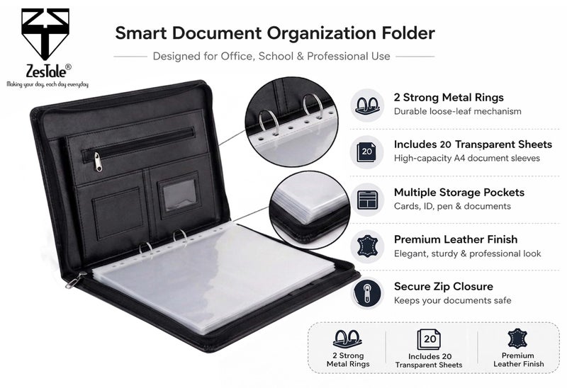 ZesTale Professional Leatherette Material 2 Ring File Folders, Conference Folder| Certificate Document Folder | Certificates Folder | leather file folders for documents | Folders with 20 Leafs (Black) - Image 2