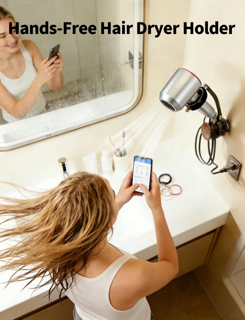 Pxonmow Hands Free Hair Dryer Holder Wall Mounted with Suction Cup, No Drill Installation for Damage-Free Walls, 360Â° Adjustable Blow Dryer Holder Fits Most Hair Dryers for Bathroom Organization1 Pack(Black) - Image 2