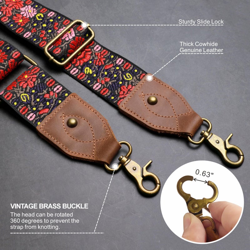 Nefelibata Purse Strap, 2"Cowhide Head Wide Shoulder Strap Adjustable Replacement,Retro Jacquard Embroidery Multi-pattern Crossbody Bag Straps for Handbag,Crossbody Bags,Shoulder Bags(Pink Embroidery) - Image 3