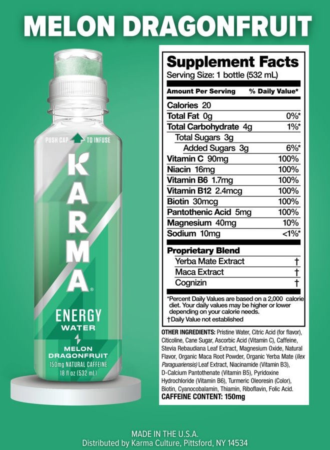 Karma Melon Dragonfruit Energy Water l Caffeinated Natural Energy Drink l Low Calorie Focus and Energy Boost, 18 Fl Oz (Pack of 12) - Image 4