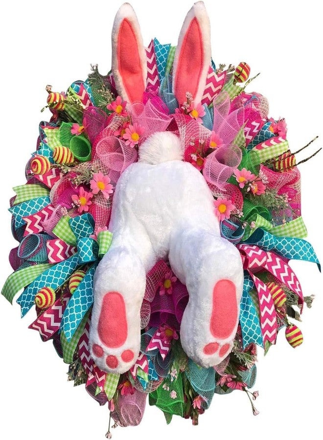 LAIAMER Easter Wreaths for Front Door, Easter Bunny Door Wreaths Easte Bunny Butt Wreath Decorations Cute Rabbit Garland Spring Decoration Farmhouse (Pink Series) - Image 1