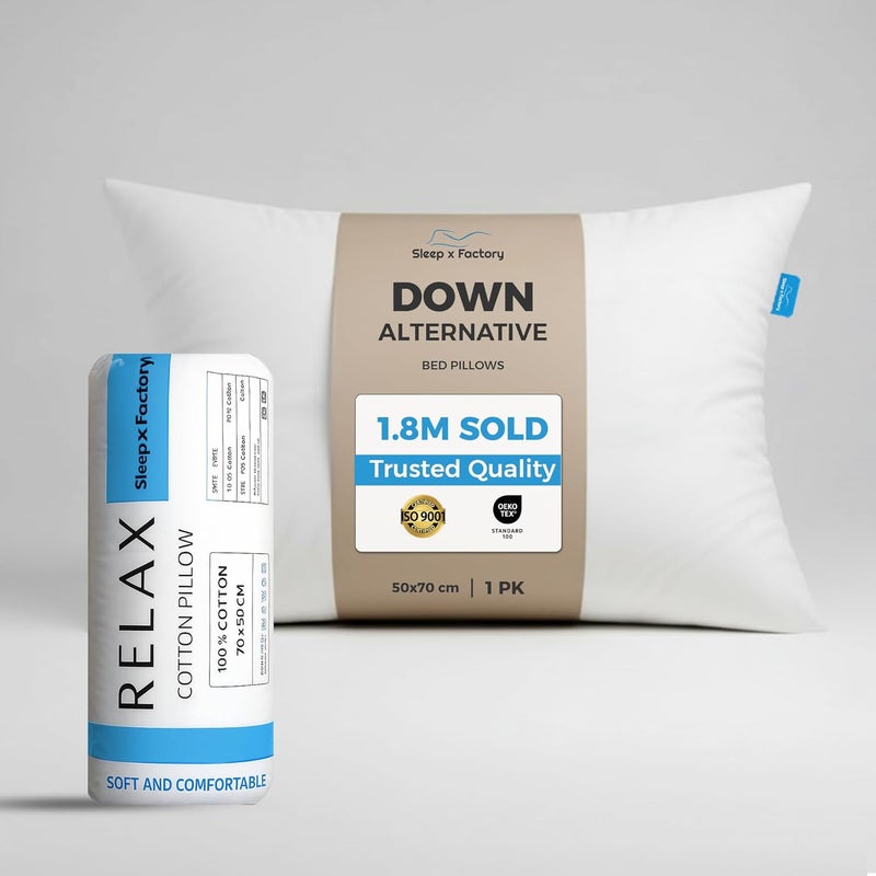 Sleep x Factory وسادة فندق ريلاكس - 100% قطن طبيعي، بديل للريش، متوسطة الثبات - Image 1