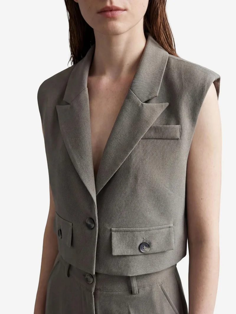 MY FASHION Khaki Green MY FASHION Cropped Buttoned Waistcoat for Women | Best Price UAE