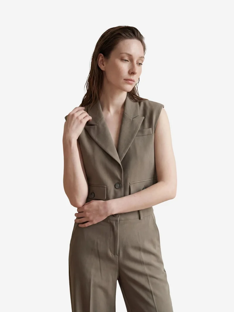 MY FASHION Khaki Green MY FASHION Cropped Buttoned Waistcoat for Women | Best Price UAE
