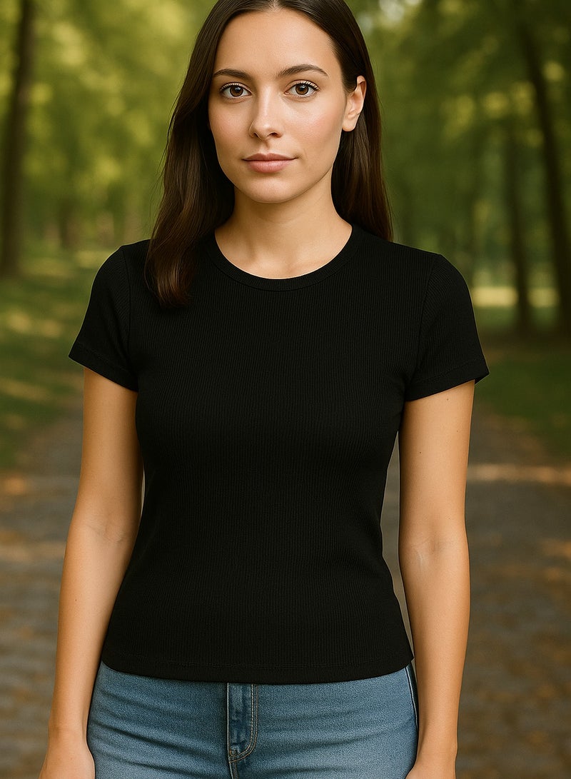 Soft Steps Ribbed Top Crew Neck Half Sleeve - Basic T-shirts for women  - Image 1