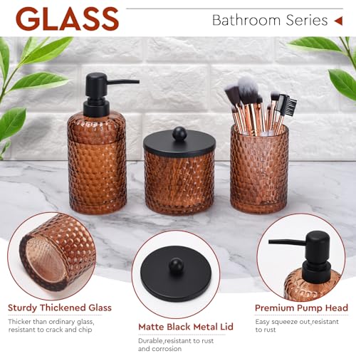 Deobath Bathroom Accessories Set,4 Pcs Amber Glass Bathroom Accessories Sets-Lotion Soap Dispenser,Toothbrush Holder,Qtip Holder Dispenser & Resin Vanity Tray,Countertop Vanity Organizer,Amber - Image 3