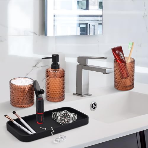 Deobath Bathroom Accessories Set,4 Pcs Amber Glass Bathroom Accessories Sets-Lotion Soap Dispenser,Toothbrush Holder,Qtip Holder Dispenser & Resin Vanity Tray,Countertop Vanity Organizer,Amber - Image 4