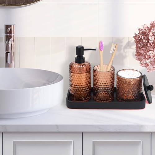 Deobath Bathroom Accessories Set,4 Pcs Amber Glass Bathroom Accessories Sets-Lotion Soap Dispenser,Toothbrush Holder,Qtip Holder Dispenser & Resin Vanity Tray,Countertop Vanity Organizer,Amber - Image 2