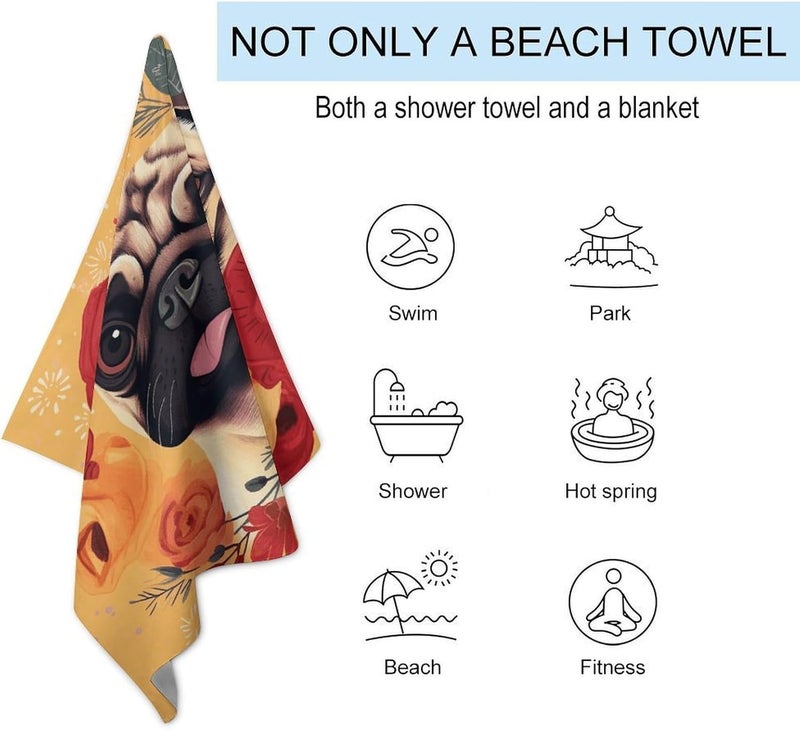 Beach Towel 31"x51" Lightweight, Super Absorbent Sandproof Towels Pug Flower Double-Sided Plush Towel for Adults, Travel, Pool, Gym & Sports Sand-Free Quick-Dry Bath Towels - Image 3