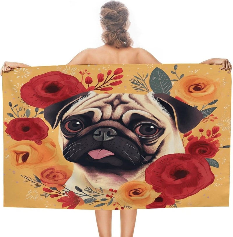 Beach Towel 31"x51" Lightweight, Super Absorbent Sandproof Towels Pug Flower Double-Sided Plush Towel for Adults, Travel, Pool, Gym & Sports Sand-Free Quick-Dry Bath Towels - Image 1