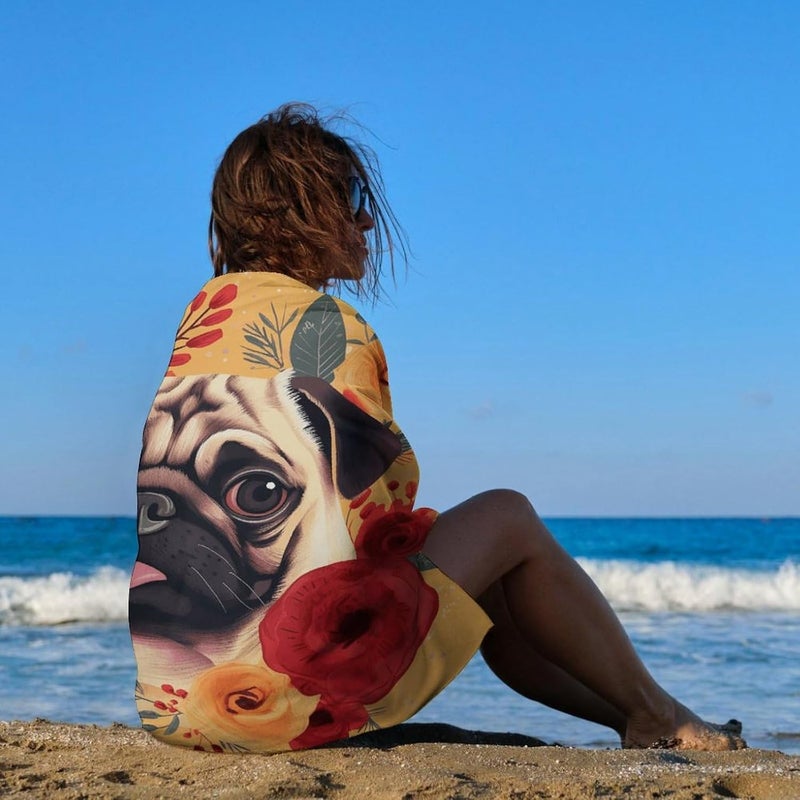 Beach Towel 31"x51" Lightweight, Super Absorbent Sandproof Towels Pug Flower Double-Sided Plush Towel for Adults, Travel, Pool, Gym & Sports Sand-Free Quick-Dry Bath Towels - Image 4