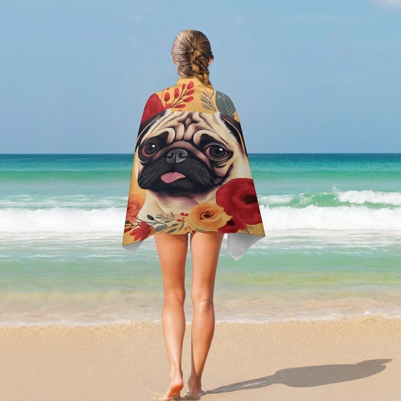 Beach Towel 31"x51" Lightweight, Super Absorbent Sandproof Towels Pug Flower Double-Sided Plush Towel for Adults, Travel, Pool, Gym & Sports Sand-Free Quick-Dry Bath Towels - Image 5
