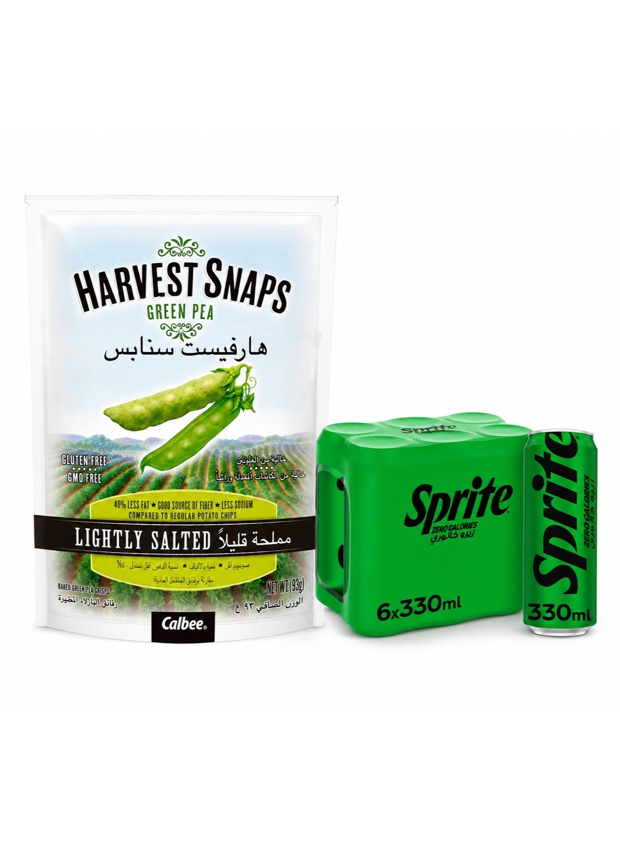 noon Calbee Harvest Snaps Lightly Salted Green Pea 93grams + Sprite Zero Lemon Lime Carbonated Soft Drink Can Pack 6 x 330ml