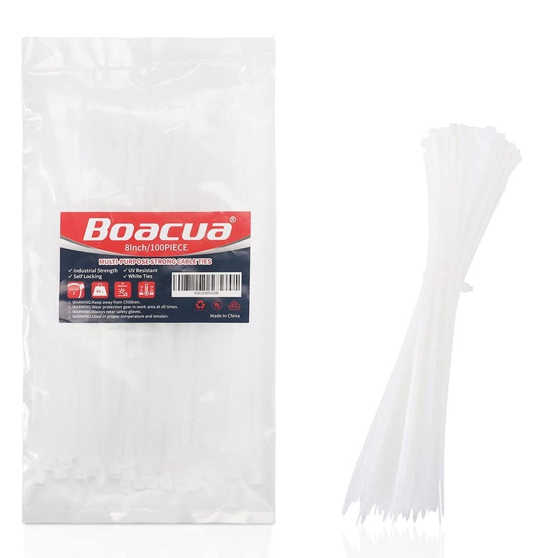 Boacua 8 Inch Zip Cable Ties (100 Pieces), Self-Locking Premium Nylon Cable Wire Ties,Heavy Duty White, for Indoor and Outdoor by Boacua - Image 1