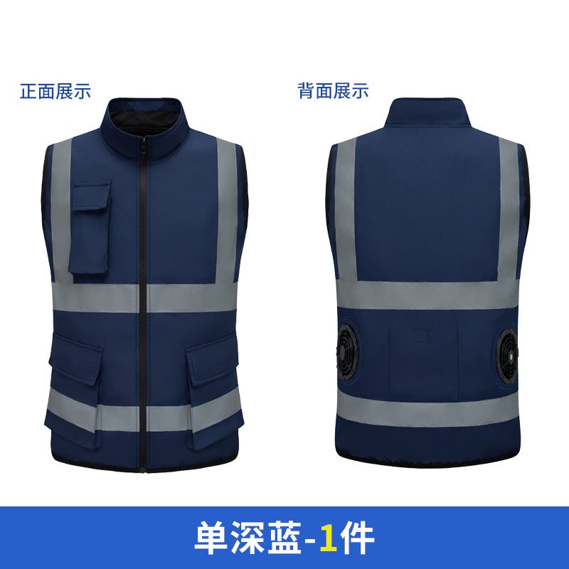 Cross-Border Summer Fan Clothing Safety Reflective Air-Conditioning Clothing Construction Site Road Administration Duty Reflective Strip Vest Fan Work Clothes Dark blue-single clothes