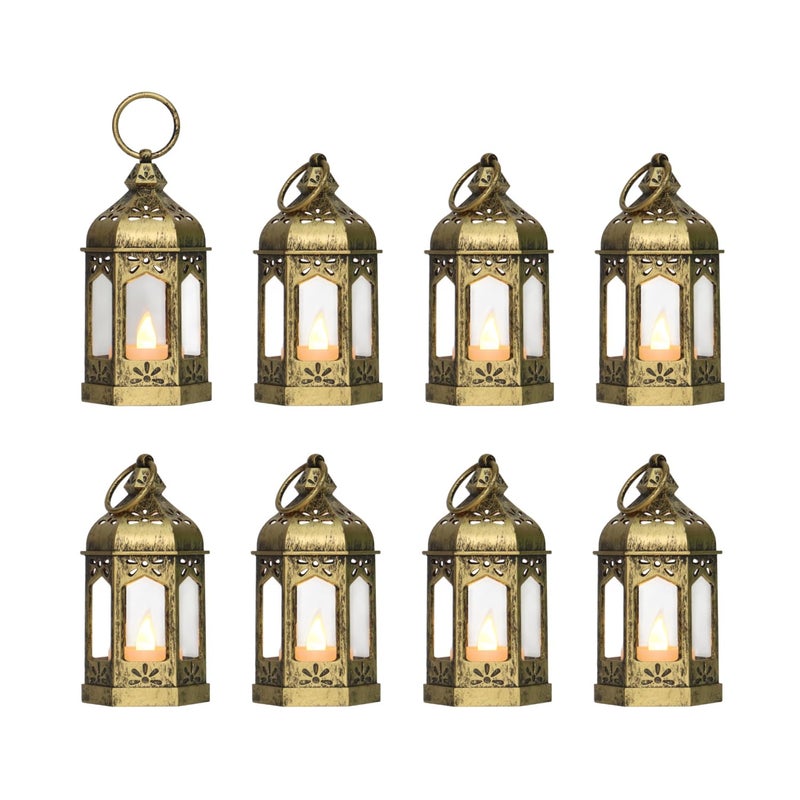 LLQ 8Pcs 5-inch Mini Lanterns Centerpieces for Table, Baby Shower Decorations, Vintage Small Lantern for Halloween Decorations, Party Lights for Enchanted Forest Decorations, Wedding Decor, Brushed Brass - Image 1