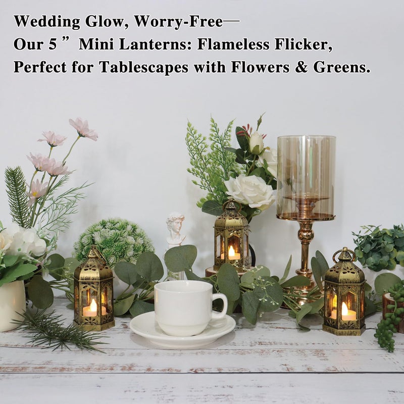LLQ 8Pcs 5-inch Mini Lanterns Centerpieces for Table, Baby Shower Decorations, Vintage Small Lantern for Halloween Decorations, Party Lights for Enchanted Forest Decorations, Wedding Decor, Brushed Brass - Image 4