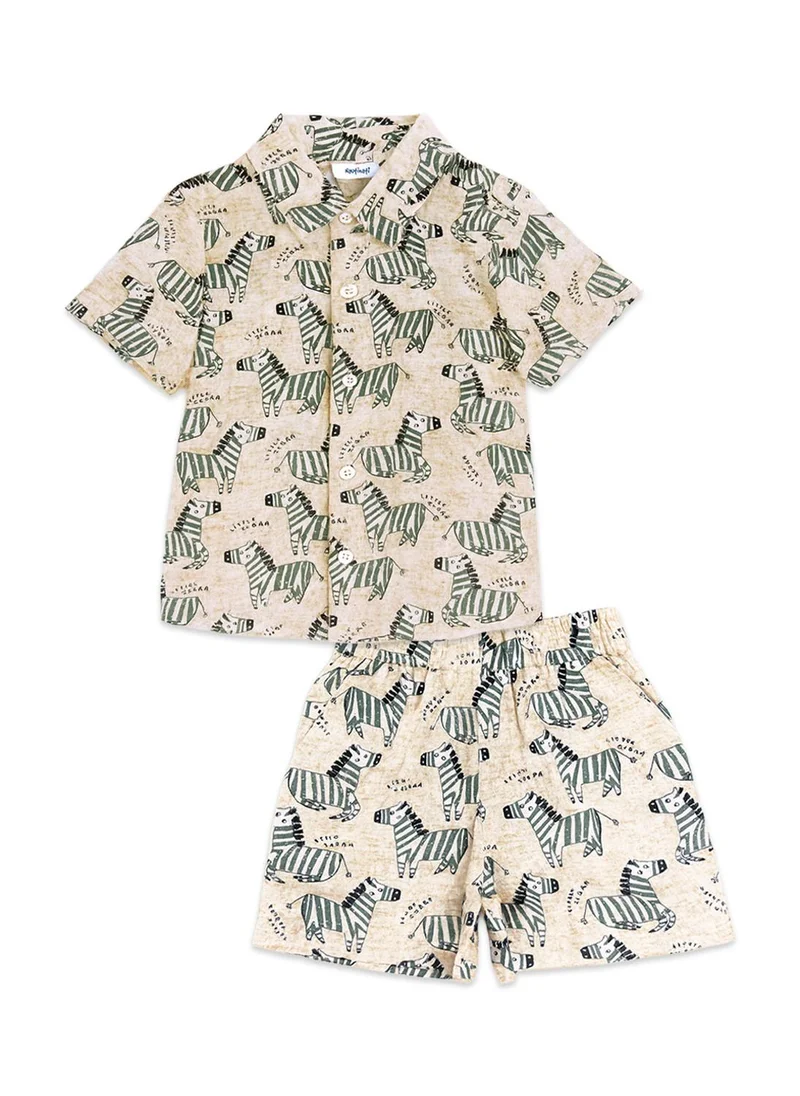 Nautinati Green & Cream Zebra Print Cotton Shirt And Shorts Set For Boys