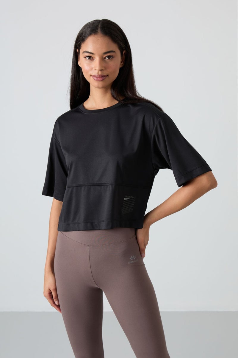 Tommy Life Black Polyester Breathable Textured Thin Flexible Oversize Fit Performance Women's T-Shirt - 97284  - Image 1