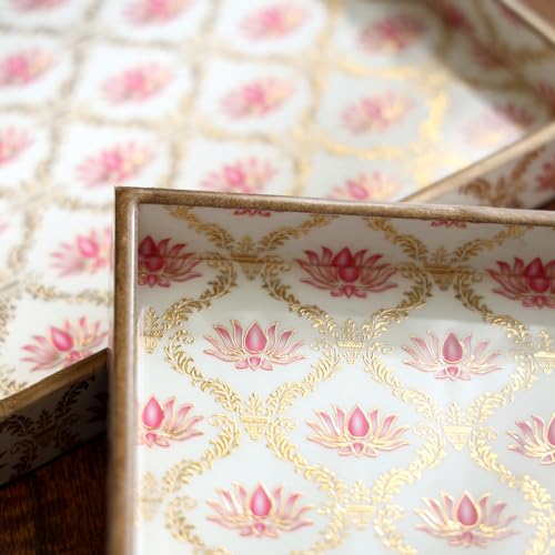 DULI Set of 2 MDF Wood Trays Enamel Coated| Rectangle Trays Set of 2 | Serving Trays | Wooden Tray | Kitchen&Dining Decorative | Resin Tray | 11x7 & 10x6 inches (Setof2Square- WhitePinkLotus) - Image 4