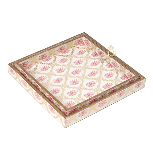 DULI Set of 2 MDF Wood Trays Enamel Coated| Rectangle Trays Set of 2 | Serving Trays | Wooden Tray | Kitchen&Dining Decorative | Resin Tray | 11x7 & 10x6 inches (Setof2Square- WhitePinkLotus) - Image 5