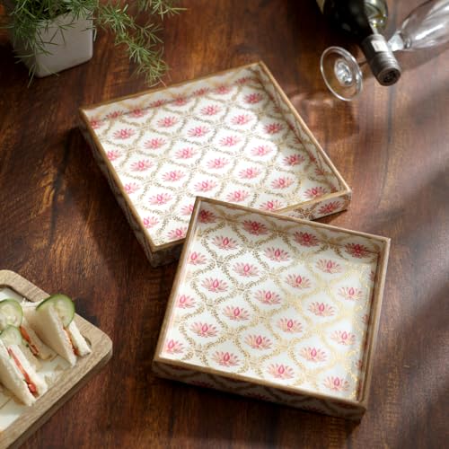 DULI Set of 2 MDF Wood Trays Enamel Coated| Rectangle Trays Set of 2 | Serving Trays | Wooden Tray | Kitchen&Dining Decorative | Resin Tray | 11x7 & 10x6 inches (Setof2Square- WhitePinkLotus) - Image 1