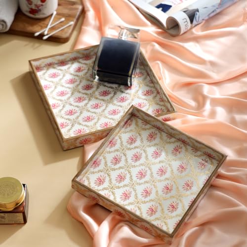 DULI Set of 2 MDF Wood Trays Enamel Coated| Rectangle Trays Set of 2 | Serving Trays | Wooden Tray | Kitchen&Dining Decorative | Resin Tray | 11x7 & 10x6 inches (Setof2Square- WhitePinkLotus) - Image 3