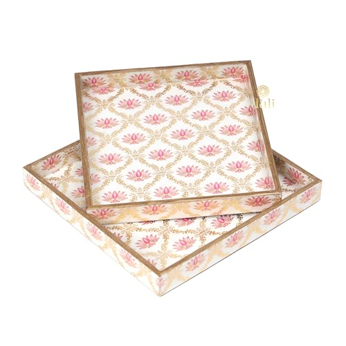 DULI Set of 2 MDF Wood Trays Enamel Coated| Rectangle Trays Set of 2 | Serving Trays | Wooden Tray | Kitchen&Dining Decorative | Resin Tray | 11x7 & 10x6 inches (Setof2Square- WhitePinkLotus) - Image 2