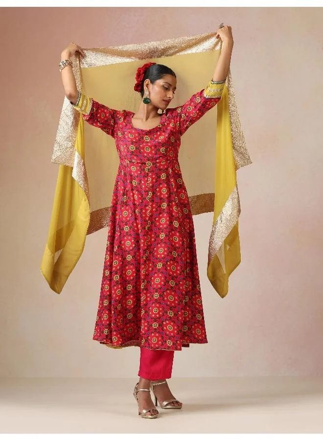 trueBrowns trueBrowns Pink Green Floral Print Viscose Anarkali Kurta Pants Dupatta Set