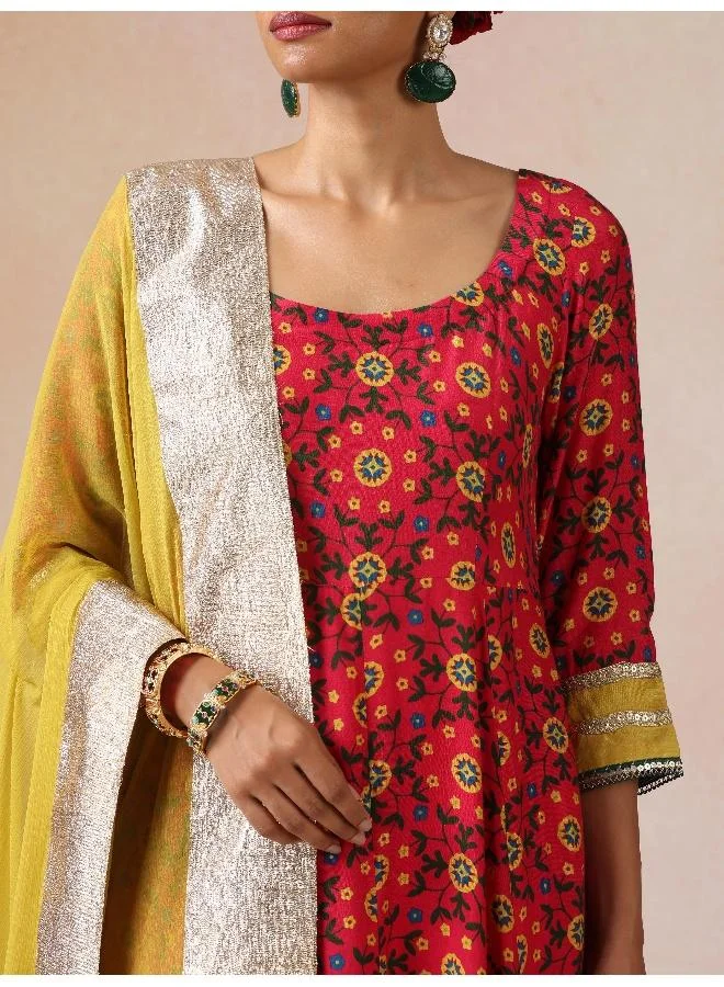 trueBrowns trueBrowns Pink Green Floral Print Viscose Anarkali Kurta Pants Dupatta Set
