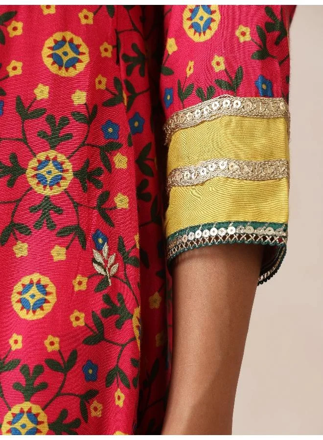 trueBrowns trueBrowns Pink Green Floral Print Viscose Anarkali Kurta Pants Dupatta Set