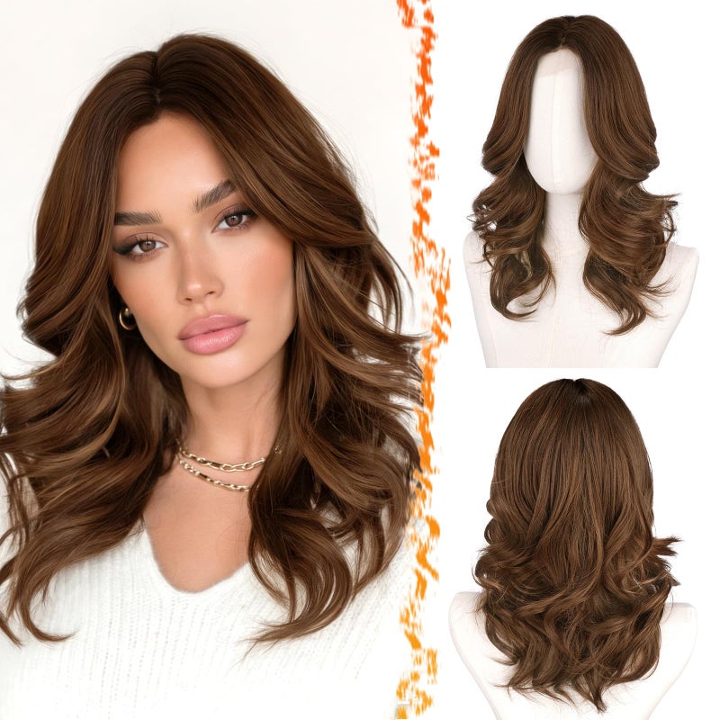 BARSDAR Short Wavy Brown Ombre Layered Wig Shoulder Length Wavy Brown Wigs for Women Short Loose Wave Textured Layered Wig with FaceFraming Curtain Bangs Soft Synthetic Natural Looking Daily - Image 2