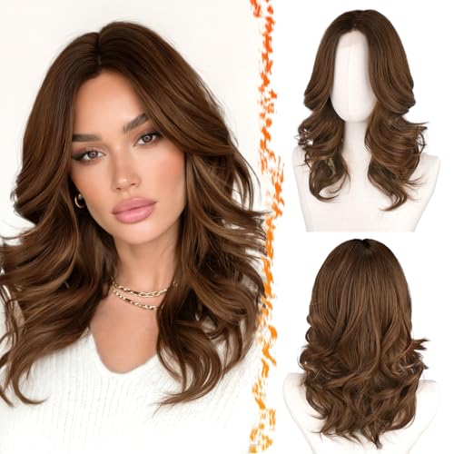 BARSDAR Short Wavy Brown Ombre Layered Wig Shoulder Length Wavy Brown Wigs for Women Short Loose Wave Textured Layered Wig with FaceFraming Curtain Bangs Soft Synthetic Natural Looking Daily - Image 1