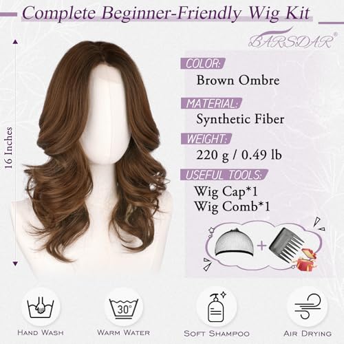 BARSDAR Short Wavy Brown Ombre Layered Wig Shoulder Length Wavy Brown Wigs for Women Short Loose Wave Textured Layered Wig with FaceFraming Curtain Bangs Soft Synthetic Natural Looking Daily - Image 3
