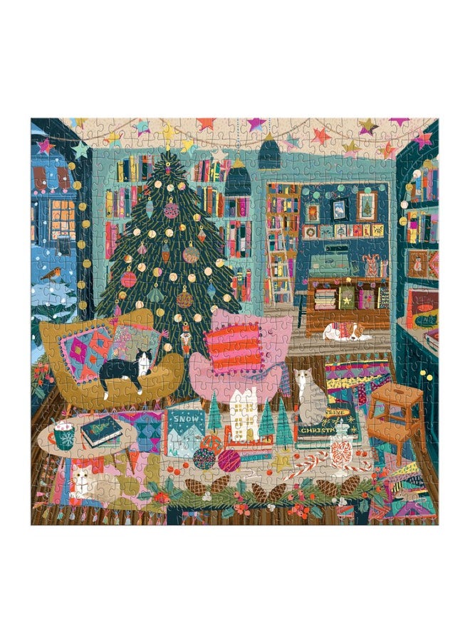Galison Galison Season's Reading - 500 Piece Foil Jigsaw Puzzle Featuring Beautiful Artwork of A Cozy Christmas Bookshop Scene with Gold Foil Accents  - Image 2