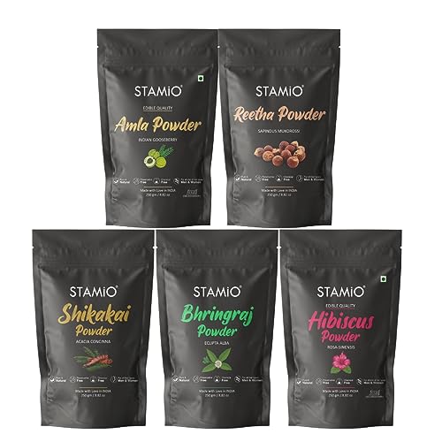 STAMIO Hair Care 5 Products Combo 1250 Gm (1.25 Kg) - Amla Reetha Shikakai Bhringraj Hibiscus Powder for Pack, Wash, Mask, Shampoo, Dandruff, Cleanser | Natural Seedless Powders Kit | In Pouch 250gm X 5 - Image 1