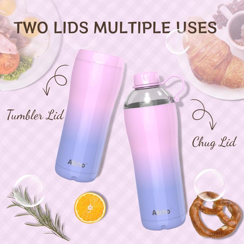 Allcho Insulated Water Bottle for Women, 24 oz Stainless Steel Water Bottles, Double Walled, 2 Lids (Chug & Tumbler) - Hydrate & Caffeinate,Available Gift Wrapping - Image 4