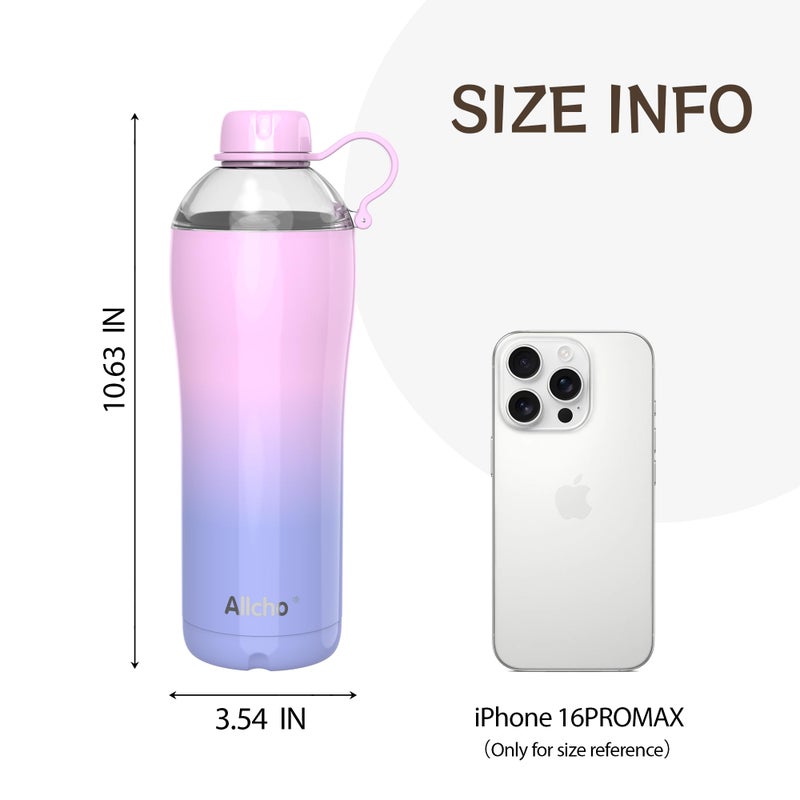Allcho Insulated Water Bottle for Women, 24 oz Stainless Steel Water Bottles, Double Walled, 2 Lids (Chug & Tumbler) - Hydrate & Caffeinate,Available Gift Wrapping - Image 2